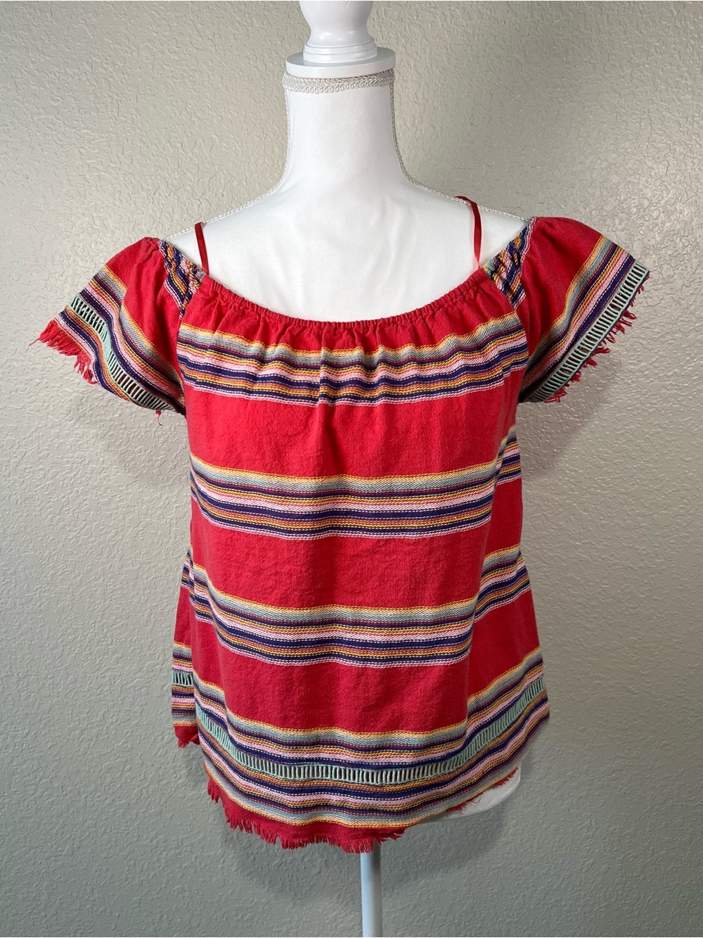 dRA Los Angeles x Anthropologie Red Teal Stripes Off Shoulder Top Size Lg